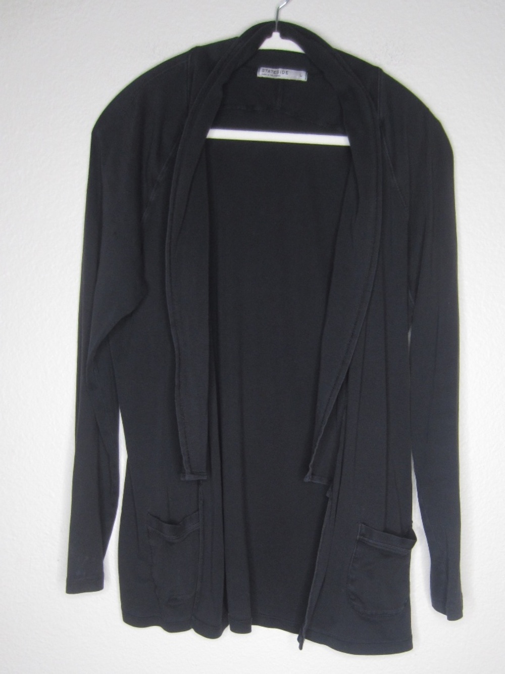 STATESIDE black open-front cardigan shawl collar  two front patch - Size Large